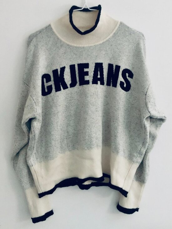 Calvin Klein Jeans Tops - Calvin Klein Jeans Knit Sweater Grey Cream Cropped Boxy Fit Logo Size L Large